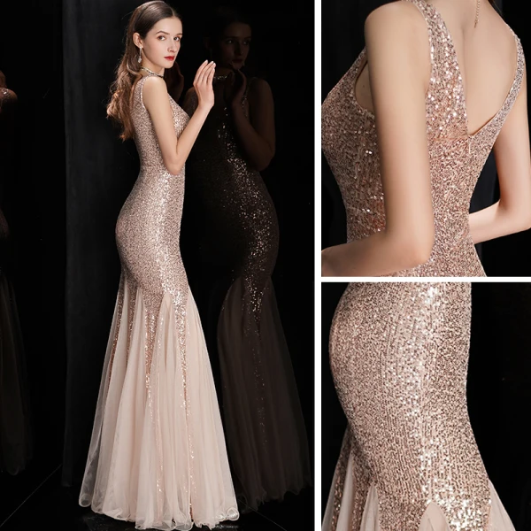 Chic / Beautiful Rose Gold Sequins Evening Dresses 2020 Trumpet / Mermaid Shoulders Sleeveless Floor-Length / Long Ruffle Backless Formal Dresses Chic / Beautiful Rose Gold Sequins Evening Dresses 2020 Trumpet / Mermaid Shoulders Sleeveless Floor-Length / Long Ruffle Backless Formal Dresses