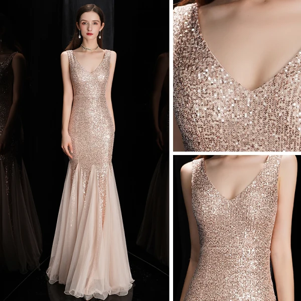 Schöne Rose Gold Pailletten Abendkleider 2020 Meerjungfrau Schultern Ärmellos Lange Rüschen Rückenfreies Festliche Kleider