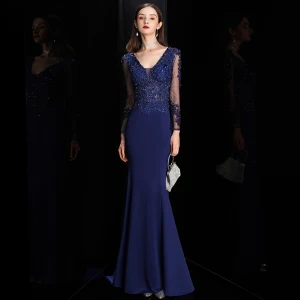 Illusion Bleu Roi Transparentes Robe De Soirée 2020 Trompette Sirène Col V Profond Manches Longues Percé Appliques En Dentelle Perlage Train De Balayage Volants Dos Nu Robe De Ceremonie