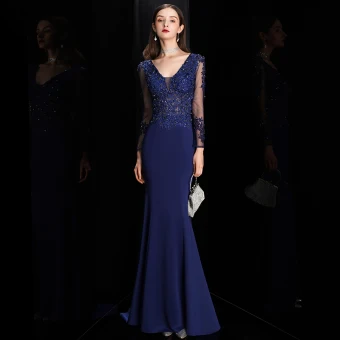 Illusion Bleu Roi Transparentes Robe De Soirée 2020 Trompette Sirène Col V Profond Manches Longues Percé Appliques En Dentelle Perlage Train De Balayage Volants Dos Nu Robe De Ceremonie