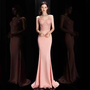 Illusion Pearl Pink Pierced Evening Dresses 2020 Trumpet Mermaid Deep V Neck Sleeveless Appliques Lace Beading Sweep Train Ruffle Backless Formal Dresses