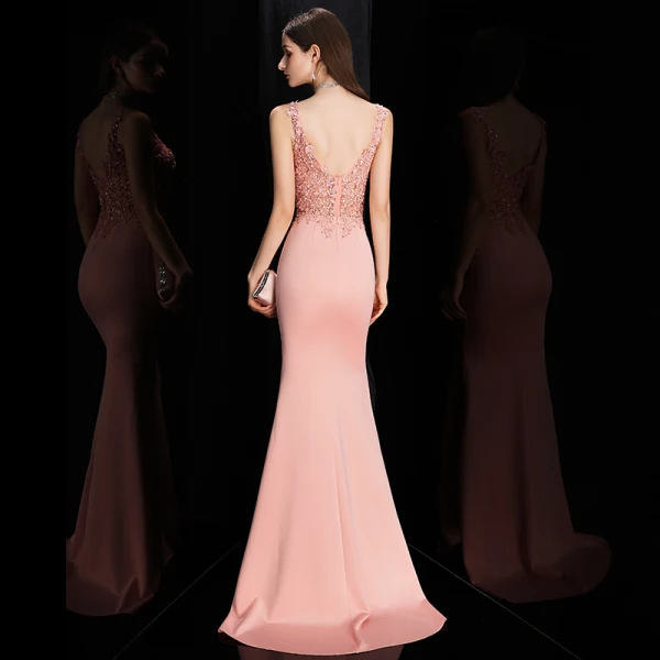 Illusion Pearl Pink Pierced Evening Dresses  2020 Trumpet / Mermaid Deep V-Neck Sleeveless Appliques Lace Beading Sweep Train Ruffle Backless Formal Dresses