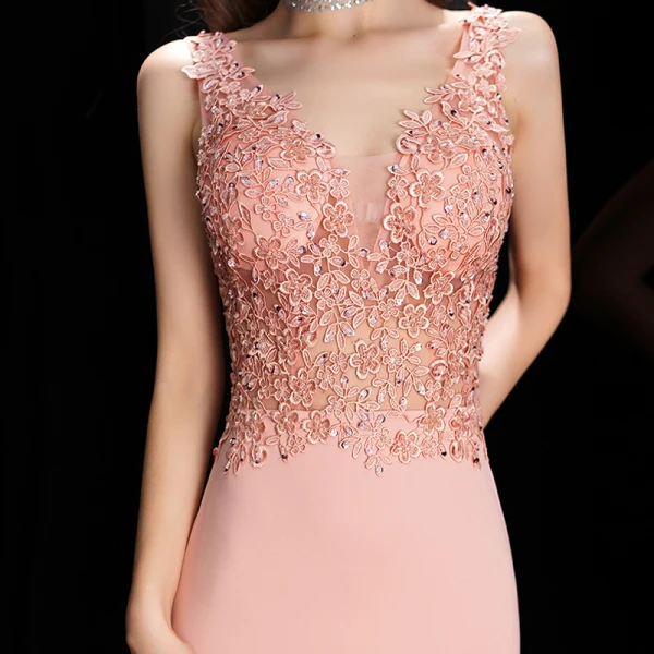 Illusion Pearl Pink Pierced Evening Dresses  2020 Trumpet / Mermaid Deep V-Neck Sleeveless Appliques Lace Beading Sweep Train Ruffle Backless Formal Dresses