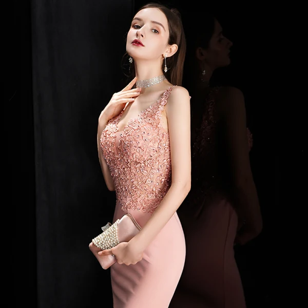Illusion Pearl Pink Pierced Evening Dresses  2020 Trumpet / Mermaid Deep V-Neck Sleeveless Appliques Lace Beading Sweep Train Ruffle Backless Formal Dresses
