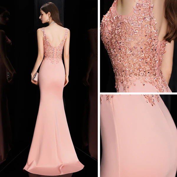 Illusion Pearl Pink Pierced Evening Dresses  2020 Trumpet / Mermaid Deep V-Neck Sleeveless Appliques Lace Beading Sweep Train Ruffle Backless Formal Dresses