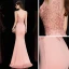 Illusion Pearl Pink Pierced Evening Dresses  2020 Trumpet / Mermaid Deep V-Neck Sleeveless Appliques Lace Beading Sweep Train Ruffle Backless Formal Dresses