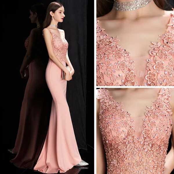 Illusion Pearl Pink Pierced Evening Dresses  2020 Trumpet / Mermaid Deep V-Neck Sleeveless Appliques Lace Beading Sweep Train Ruffle Backless Formal Dresses