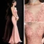 Illusion Pearl Pink Pierced Evening Dresses  2020 Trumpet / Mermaid Deep V-Neck Sleeveless Appliques Lace Beading Sweep Train Ruffle Backless Formal Dresses