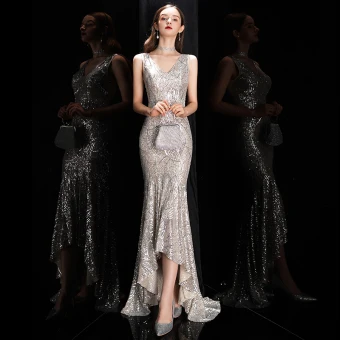 Sparkly Silver Sequins Evening Dresses 2020 Trumpet Mermaid V Neck Sleeveless Asymmetrical Backless Formal Dresses