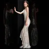 Sparkly Silver Sequins Evening Dresses  2020 Trumpet / Mermaid V-Neck Sleeveless Asymmetrical Backless Formal Dresses
