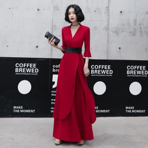 Chic Belle Rouge Désinvolte Robe De Soirée 2020 Princesse V Cou Manches De Cloche Ceinture Longue Volants Robe De Ceremonie