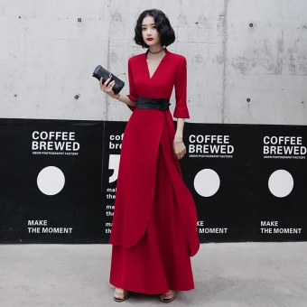 Chic Beautiful Red Casual Evening Dresses 2020 A Line Princess V Neck Bell Sleeves Sash Floor Length Long Ruffle Formal Dresses
