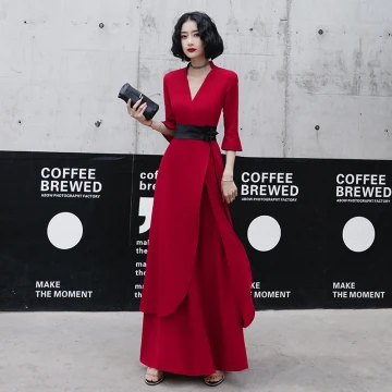 Chic Belle Rouge Désinvolte Robe De Soirée 2020 Princesse V Cou Manches De Cloche Ceinture Longue Volants Robe De Ceremonie