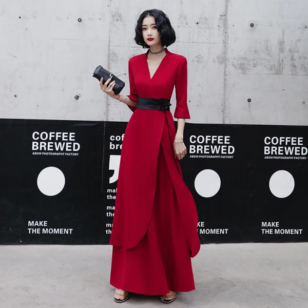 Chic / Beautiful Red Casual Evening Dresses 2020 A-Line / Princess V-Neck Bell sleeves Sash Floor-Length / Long Ruffle Formal Dresses Chic / Beautiful Red Casual Evening Dresses 2020 A-Line / Princess V-Neck Bell sleeves Sash Floor-Length / Long Ruffle Formal Dresses