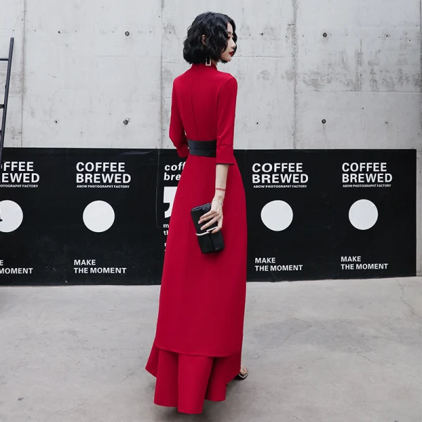Chic / Belle Rouge Désinvolte Robe De Soirée 2020 Princesse V-Cou Manches de cloche Ceinture Longue Volants Robe De Ceremonie