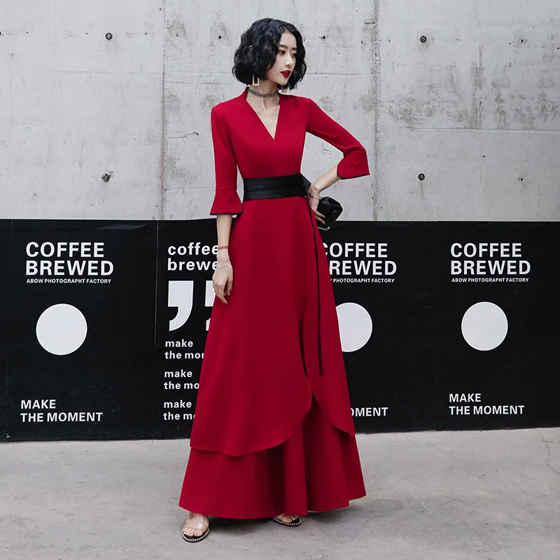Chic Beautiful Red Casual Evening Dresses 2020 A Line Princess V Neck Bell  Sleeves Sash Floor Length Long Ruffle Formal Dresses