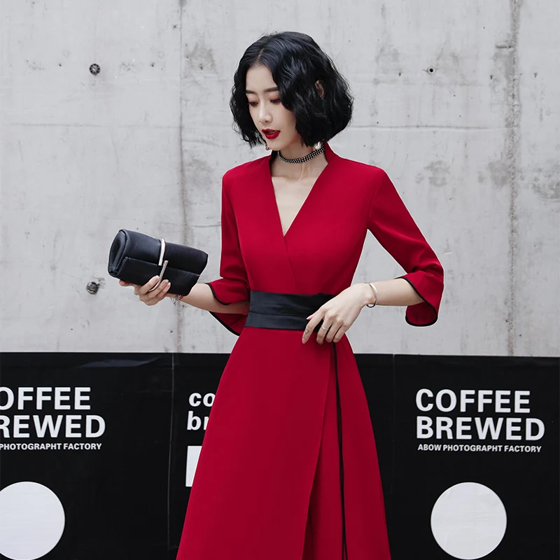 Chic Beautiful Red Casual Evening Dresses 2020 A Line Princess V Neck Bell  Sleeves Sash Floor Length Long Ruffle Formal Dresses