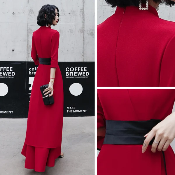 Chic / Belle Rouge Désinvolte Robe De Soirée 2020 Princesse V-Cou Manches de cloche Ceinture Longue Volants Robe De Ceremonie