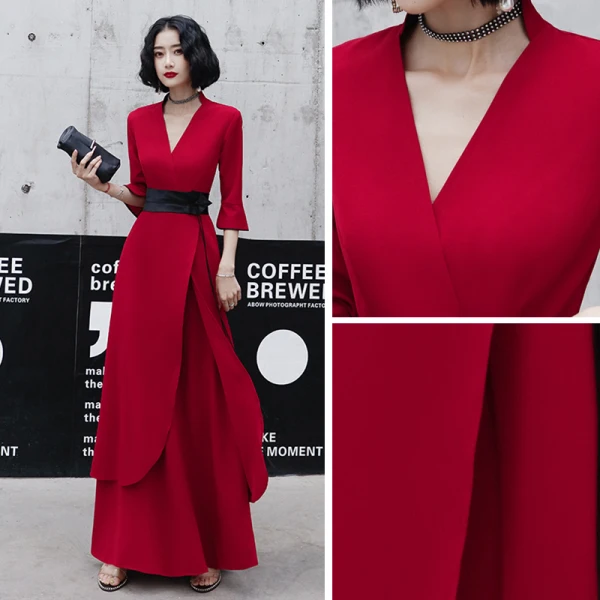 Chic / Belle Rouge Désinvolte Robe De Soirée 2020 Princesse V-Cou Manches de cloche Ceinture Longue Volants Robe De Ceremonie