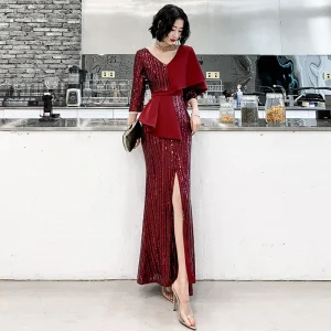 Chic Beautiful Burgundy Sequins Evening Dresses 2020 Trumpet Mermaid V Neck 3 4 Sleeve Sash Split Front Floor Length Long Formal Dresses