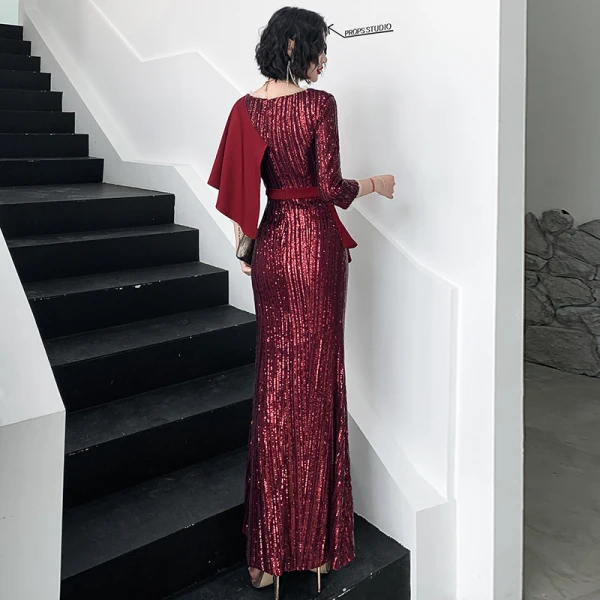 Chic / Belle Bordeaux Paillettes Robe De Soirée 2020 Trompette / Sirène V-Cou 3/4 Manches Ceinture Fendue devant Longue Robe De Ceremonie