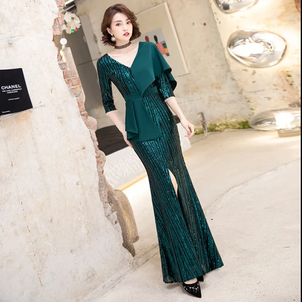 Chic / Belle Bordeaux Paillettes Robe De Soirée 2020 Trompette / Sirène V-Cou 3/4 Manches Ceinture Fendue devant Longue Robe De Ceremonie