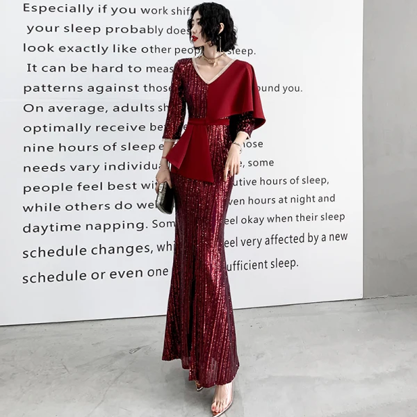 Chic / Belle Bordeaux Paillettes Robe De Soirée 2020 Trompette / Sirène V-Cou 3/4 Manches Ceinture Fendue devant Longue Robe De Ceremonie