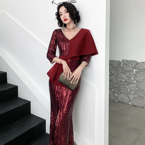 Chic / Belle Bordeaux Paillettes Robe De Soirée 2020 Trompette / Sirène V-Cou 3/4 Manches Ceinture Fendue devant Longue Robe De Ceremonie
