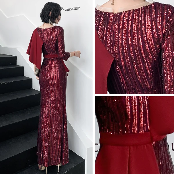 Chic / Belle Bordeaux Paillettes Robe De Soirée 2020 Trompette / Sirène V-Cou 3/4 Manches Ceinture Fendue devant Longue Robe De Ceremonie
