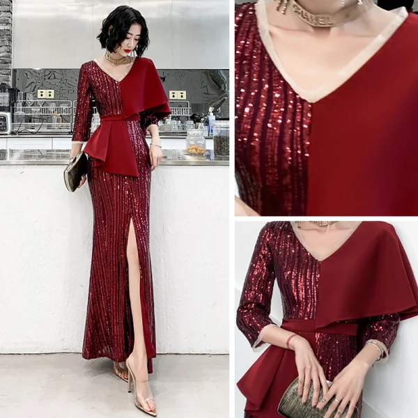 Chic / Belle Bordeaux Paillettes Robe De Soirée 2020 Trompette / Sirène V-Cou 3/4 Manches Ceinture Fendue devant Longue Robe De Ceremonie