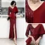 Chic / Belle Bordeaux Paillettes Robe De Soirée 2020 Trompette / Sirène V-Cou 3/4 Manches Ceinture Fendue devant Longue Robe De Ceremonie