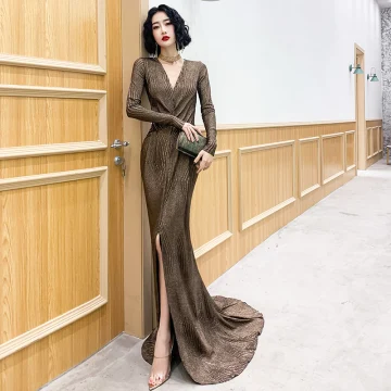 Élégant Bronze Robe De Soirée 2020 Trompette Sirène Col V Profond Manches Longues Fendue Devant Train De Balayage Robe De Ceremonie
