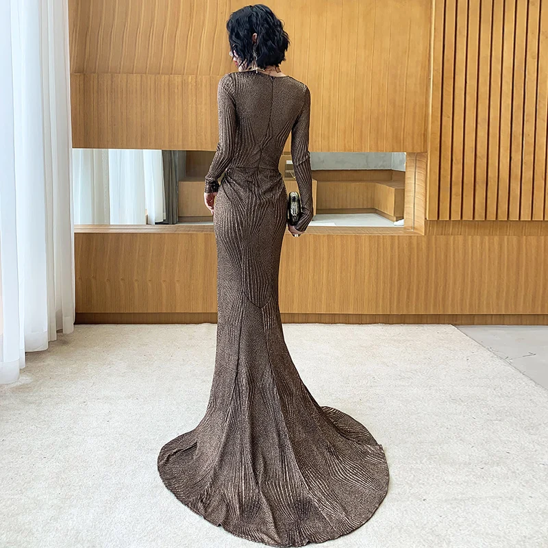 Elegant Bronze Evening Dresses 2020 Trumpet Mermaid Deep V Neck Long Sleeve  Split Front Sweep Train Formal Dresses