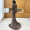 Elegant Bronze Evening Dresses  2020 Trumpet / Mermaid Deep V-Neck Long Sleeve Split Front Sweep Train Formal Dresses
