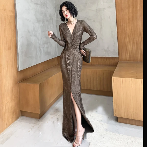 Elegante Bronze Abendkleider 2020 Meerjungfrau Tiefer V-Ausschnitt Lange Ärmel Gespaltete Front Sweep / Pinsel Zug Festliche Kleider