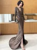 Elegant Bronze Evening Dresses  2020 Trumpet / Mermaid Deep V-Neck Long Sleeve Split Front Sweep Train Formal Dresses