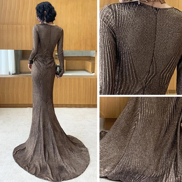 Elegante Bronze Abendkleider 2020 Meerjungfrau Tiefer V-Ausschnitt Lange Ärmel Gespaltete Front Sweep / Pinsel Zug Festliche Kleider