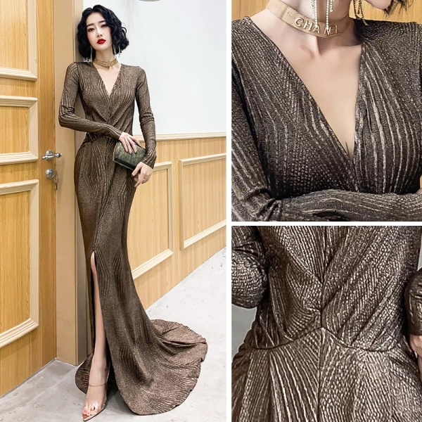 Elegante Bronze Abendkleider 2020 Meerjungfrau Tiefer V-Ausschnitt Lange Ärmel Gespaltete Front Sweep / Pinsel Zug Festliche Kleider