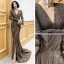 Elegante Bronze Abendkleider 2020 Meerjungfrau Tiefer V-Ausschnitt Lange Ärmel Gespaltete Front Sweep / Pinsel Zug Festliche Kleider