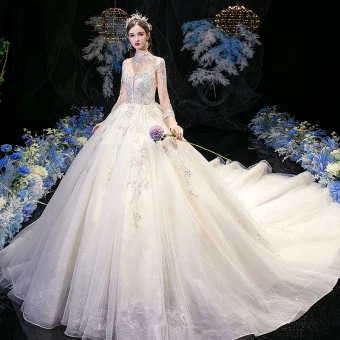 Haut De Gamme Champagne Transparentes La Mariée Robe De Mariée 2020 Robe Boule Col Haut 3 4 Manches Appliques En Dentelle Paillettes Perlage Cathedral Train Volants