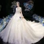 High-end Champagne See-through Bridal Wedding Dresses 2020 Ball Gown High Neck 3/4 Sleeve Appliques Lace Sequins Beading Cathedral Train Ruffle