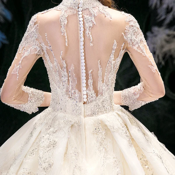 High-end Champagne See-through Bridal Wedding Dresses 2020 Ball Gown High Neck 3/4 Sleeve Appliques Lace Sequins Beading Cathedral Train Ruffle