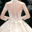 High-end Champagne See-through Bridal Wedding Dresses 2020 Ball Gown High Neck 3/4 Sleeve Appliques Lace Sequins Beading Cathedral Train Ruffle