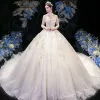 High-end Champagne See-through Bridal Wedding Dresses 2020 Ball Gown High Neck 3/4 Sleeve Appliques Lace Sequins Beading Cathedral Train Ruffle