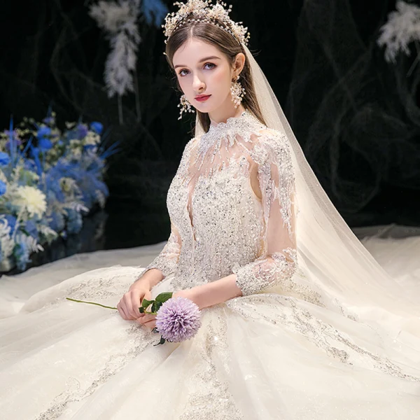 High-end Champagne See-through Bridal Wedding Dresses 2020 Ball Gown High Neck 3/4 Sleeve Appliques Lace Sequins Beading Cathedral Train Ruffle