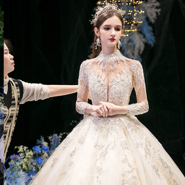 High-end Champagne See-through Bridal Wedding Dresses 2020 Ball Gown High Neck 3/4 Sleeve Appliques Lace Sequins Beading Cathedral Train Ruffle