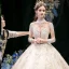 High-end Champagne See-through Bridal Wedding Dresses 2020 Ball Gown High Neck 3/4 Sleeve Appliques Lace Sequins Beading Cathedral Train Ruffle