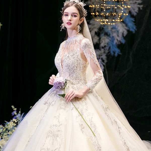 High-end Champagne See-through Bridal Wedding Dresses 2020 Ball Gown High Neck 3/4 Sleeve Appliques Lace Sequins Beading Cathedral Train Ruffle
