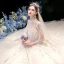 High-end Champagne See-through Bridal Wedding Dresses 2020 Ball Gown High Neck 3/4 Sleeve Appliques Lace Sequins Beading Cathedral Train Ruffle