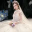 High-end Champagne See-through Bridal Wedding Dresses 2020 Ball Gown High Neck 3/4 Sleeve Appliques Lace Sequins Beading Cathedral Train Ruffle